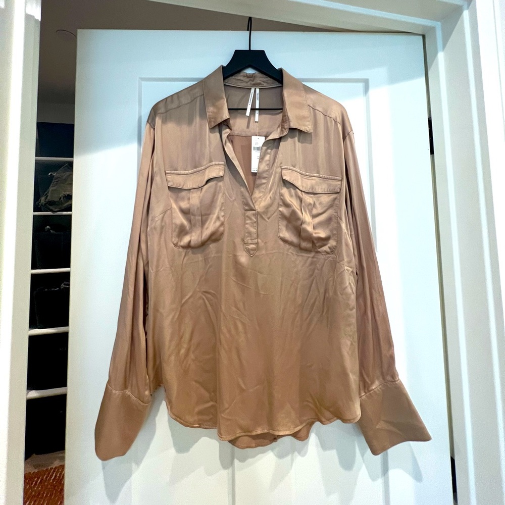 Anthropology silk Champaign M shirt. Slit back opening. Size M, new with tags
